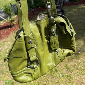 DKNY Green Shoulder Bag with Glossy Finish and Adjustable Strap